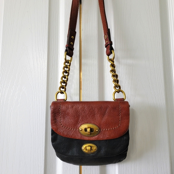 Fossil Handbags - Fossil mini crossbody, black & cognac leather.